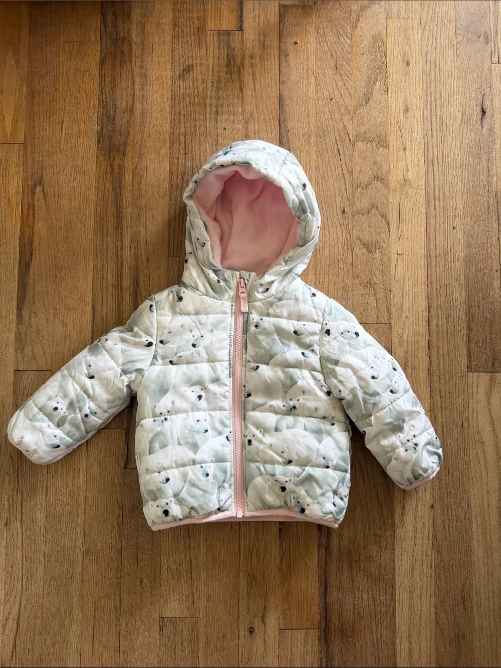 Carters Girls‎ Toddler Quilted Hooded Puffy Jacket Polar Bear Print Pink Lining